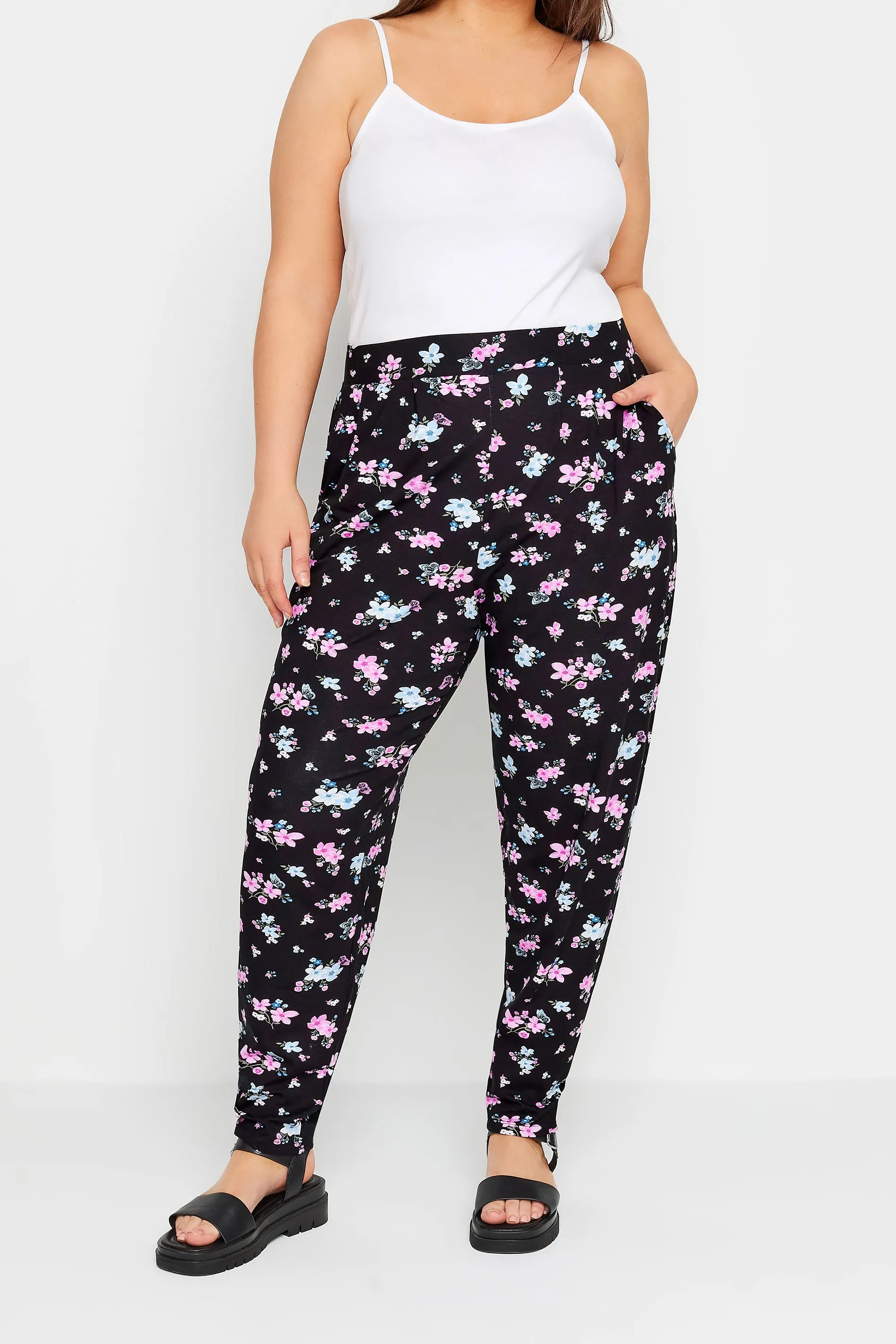 YOURS Curve Blue & Pink Floral Print Double Pleat Harem Trousers