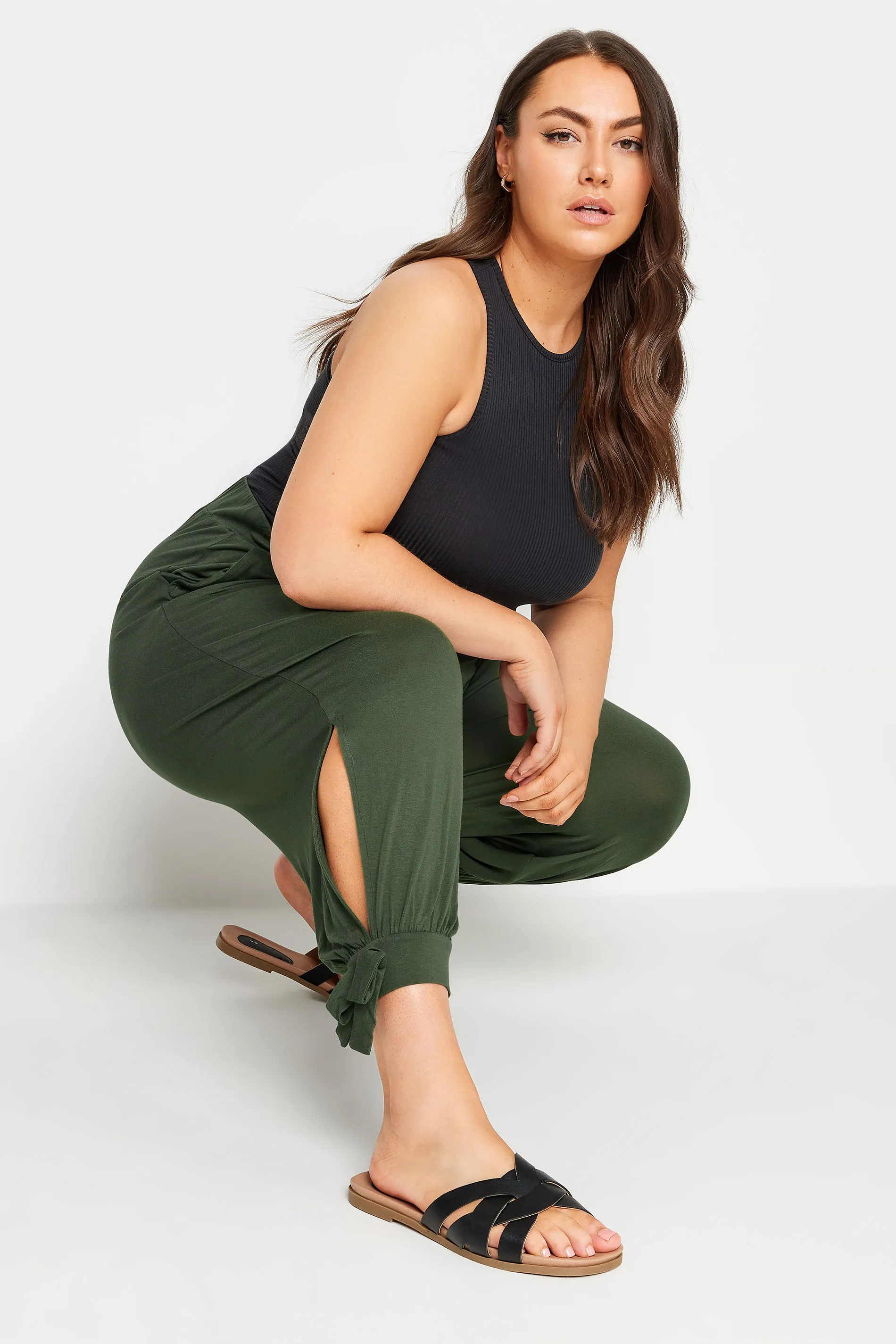 YOURS Curve Khaki Green Cropped Tie Detail Harem Trousers