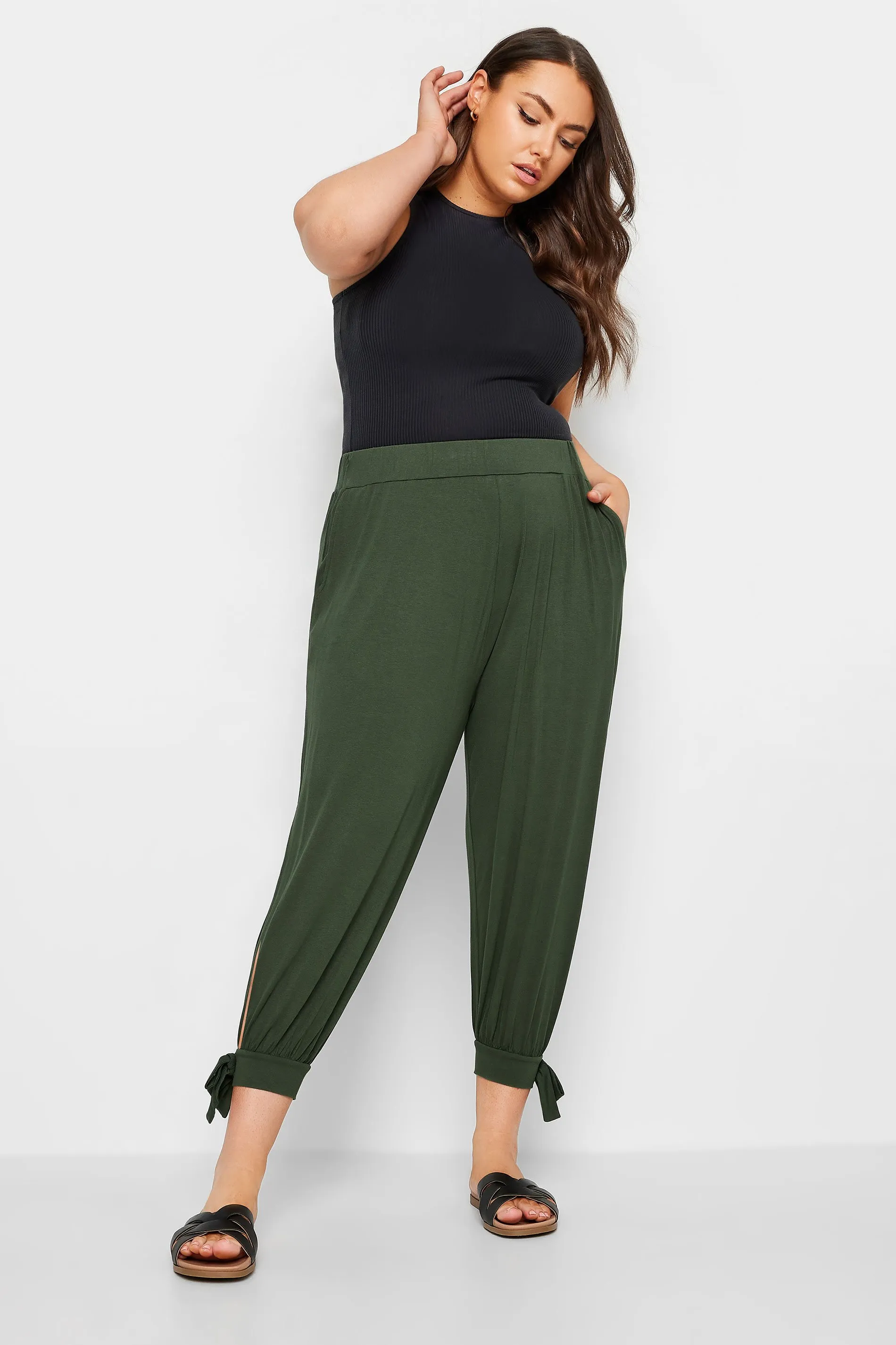 YOURS Curve Khaki Green Cropped Tie Detail Harem Trousers