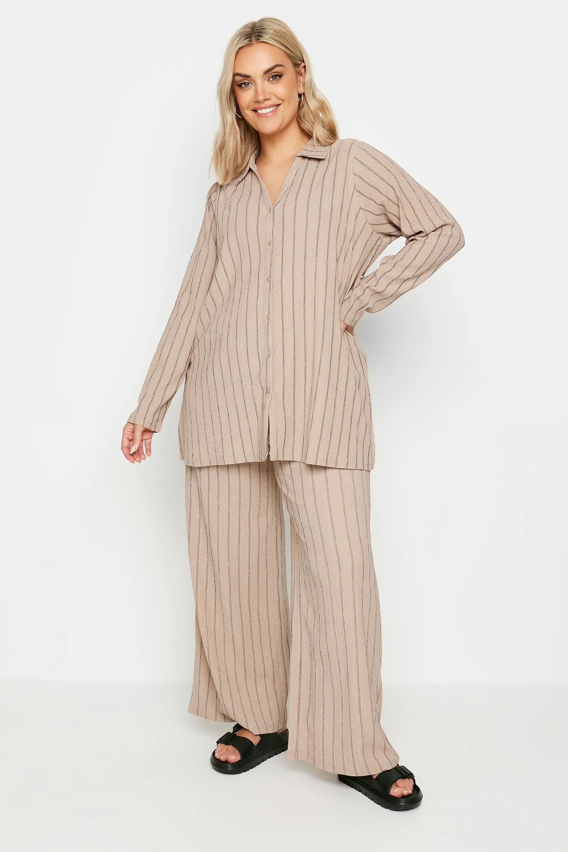 YOURS Curve Natural Brown Textured Pinstripe Wide Leg Trousers