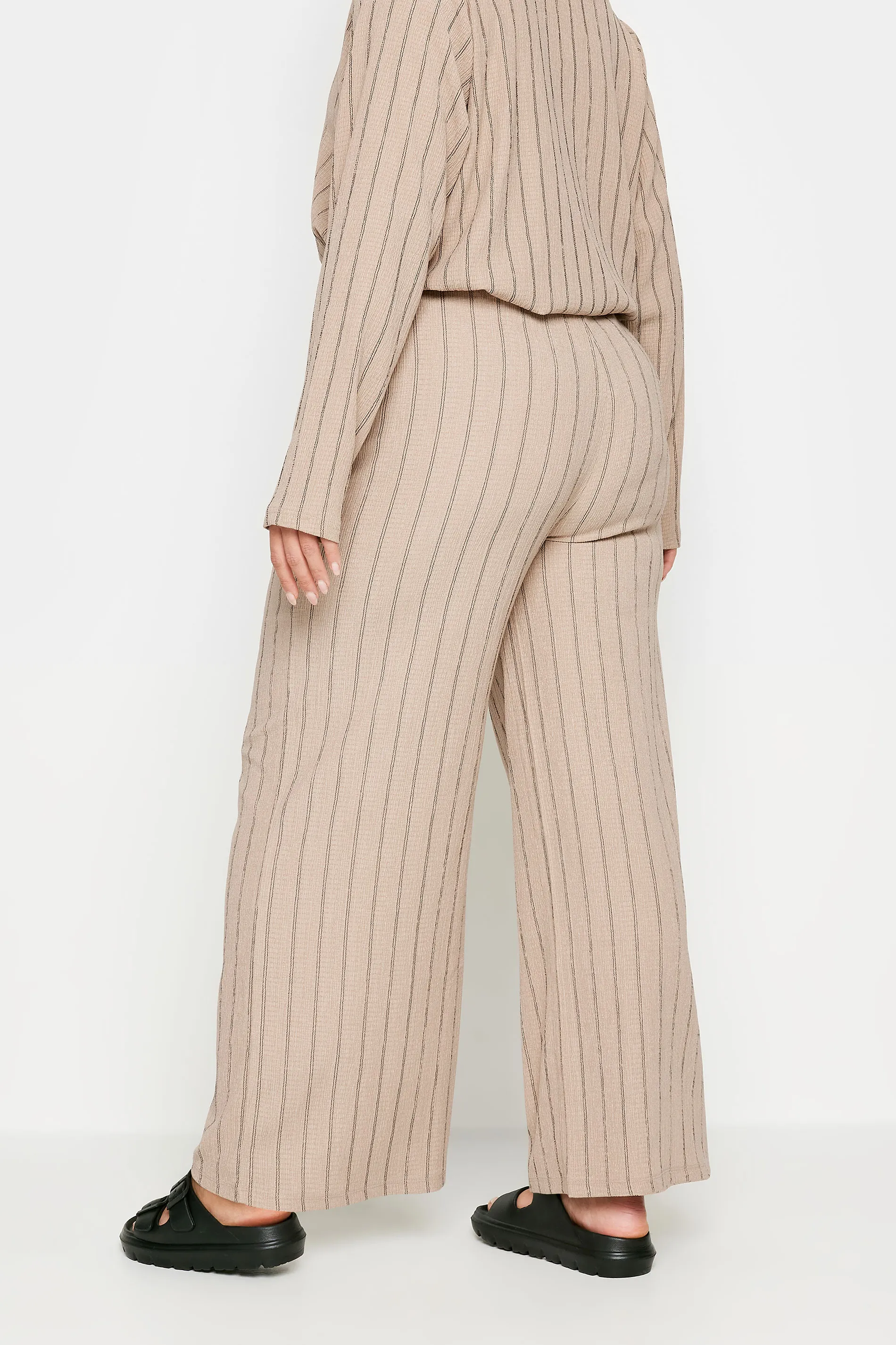 YOURS Curve Natural Brown Textured Pinstripe Wide Leg Trousers