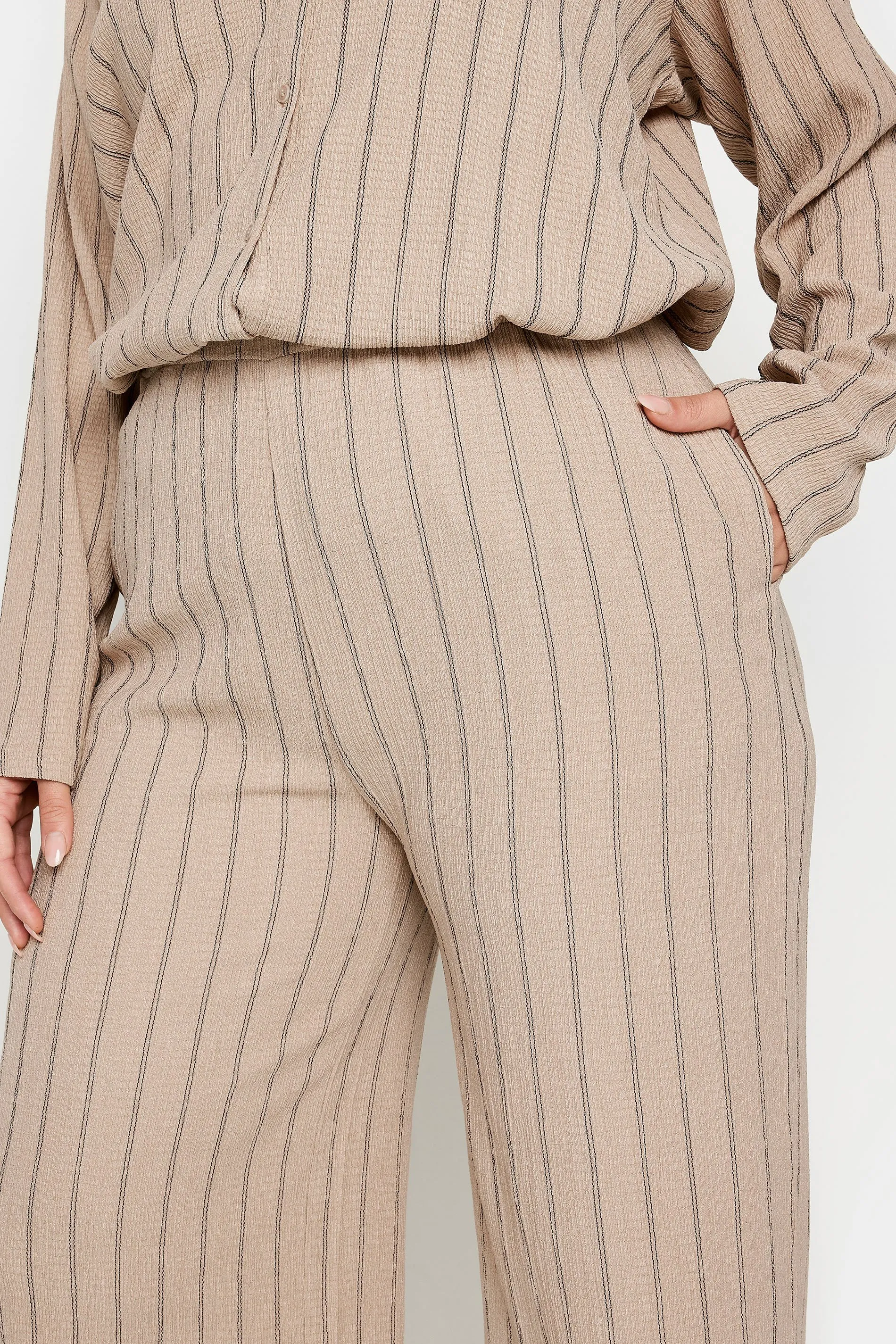 YOURS Curve Natural Brown Textured Pinstripe Wide Leg Trousers