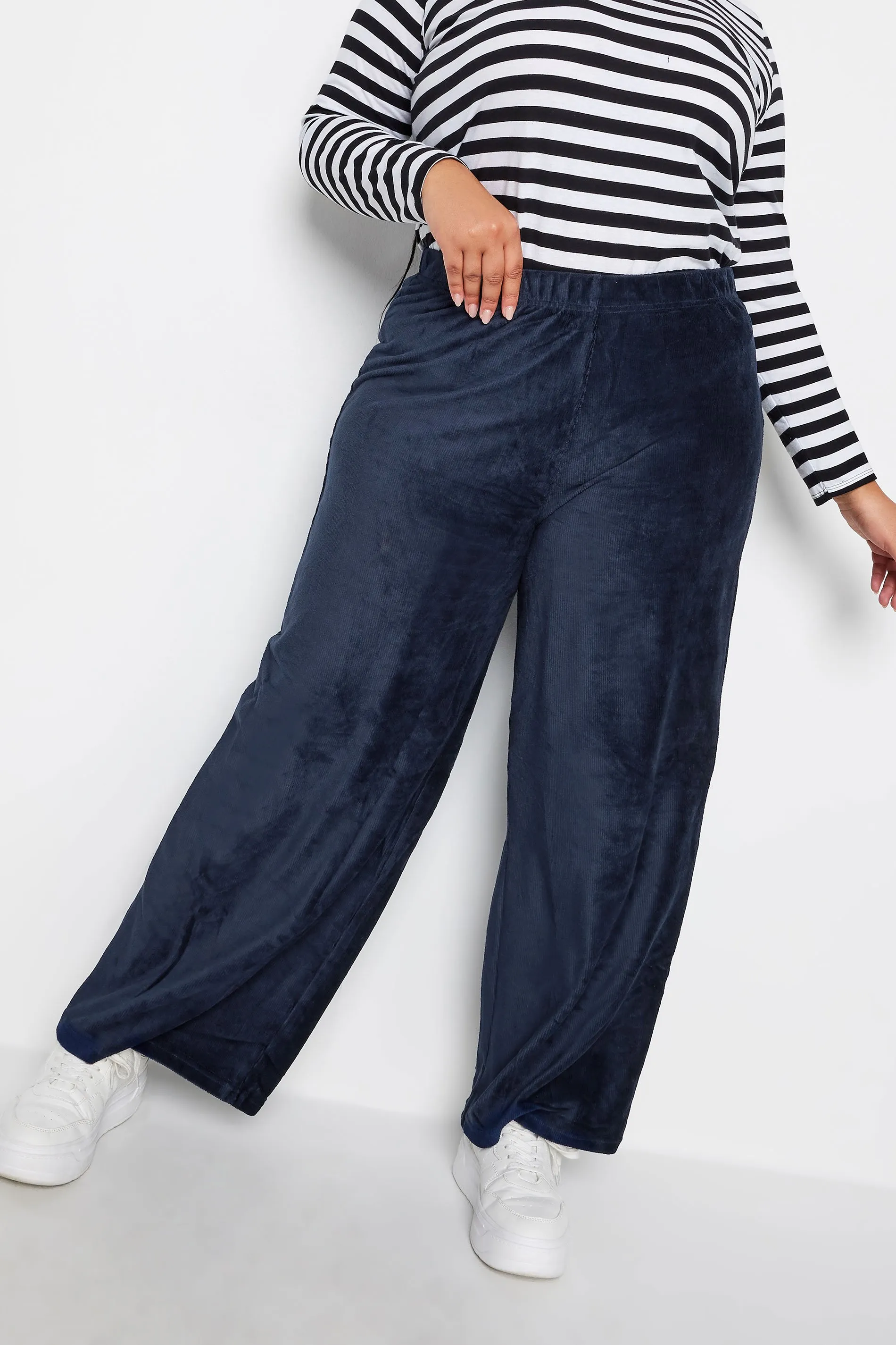 YOURS Curve Navy Blue Cord Wide Leg Trousers