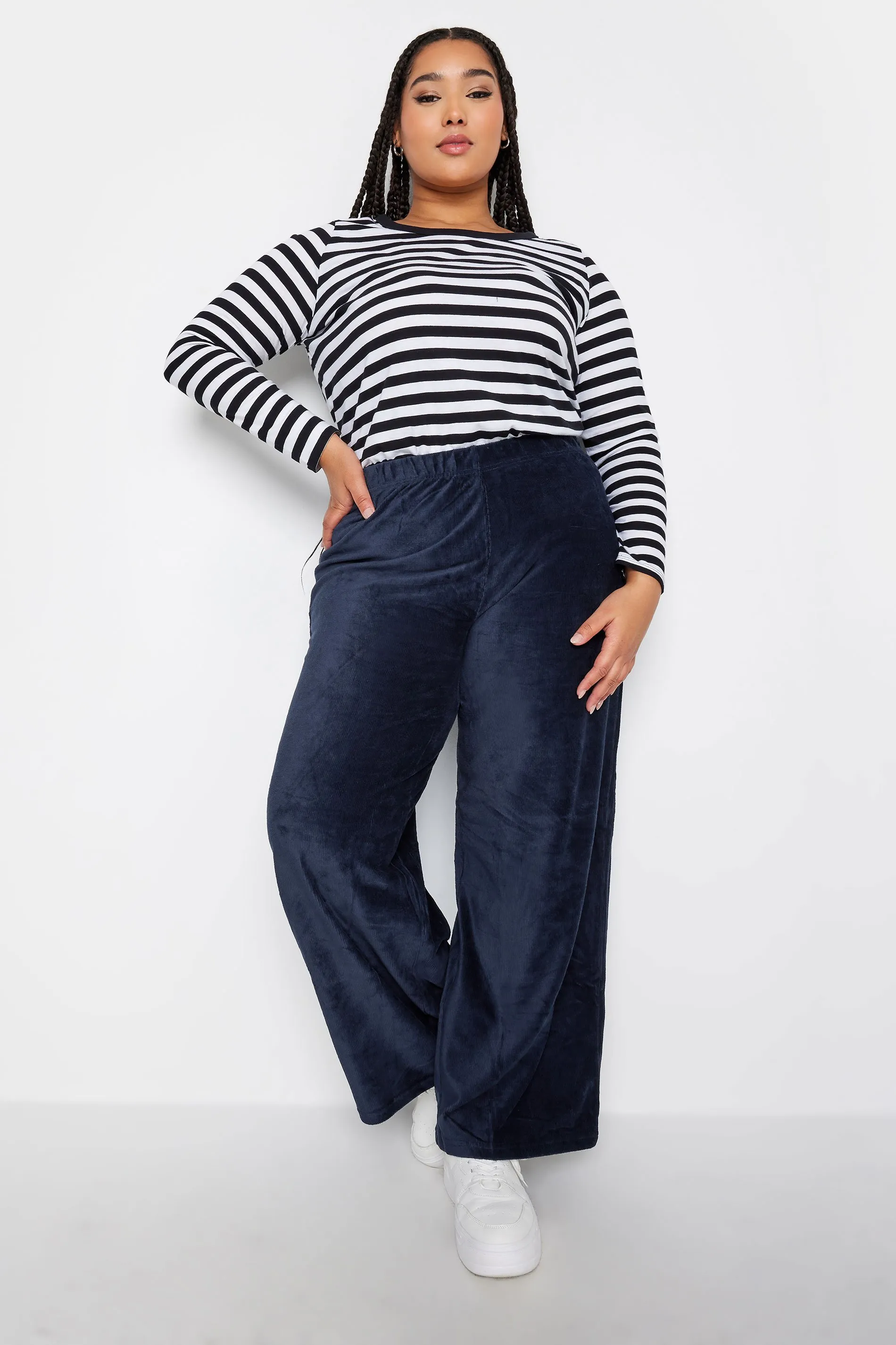 YOURS Curve Navy Blue Cord Wide Leg Trousers