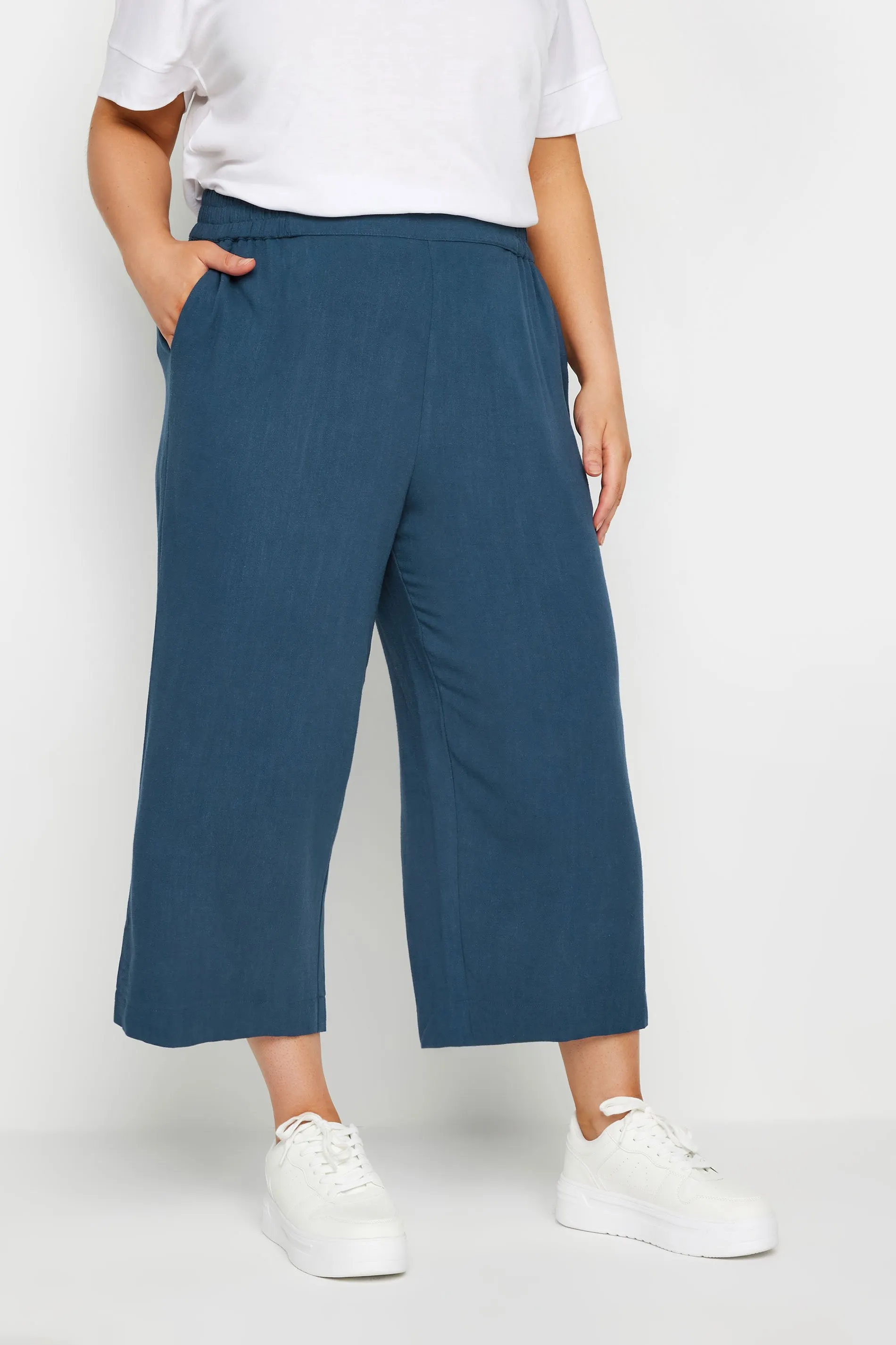 YOURS Curve Navy Blue Wide Leg Cropped Linen Trousers