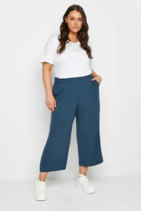 YOURS Curve Navy Blue Wide Leg Cropped Linen Trousers