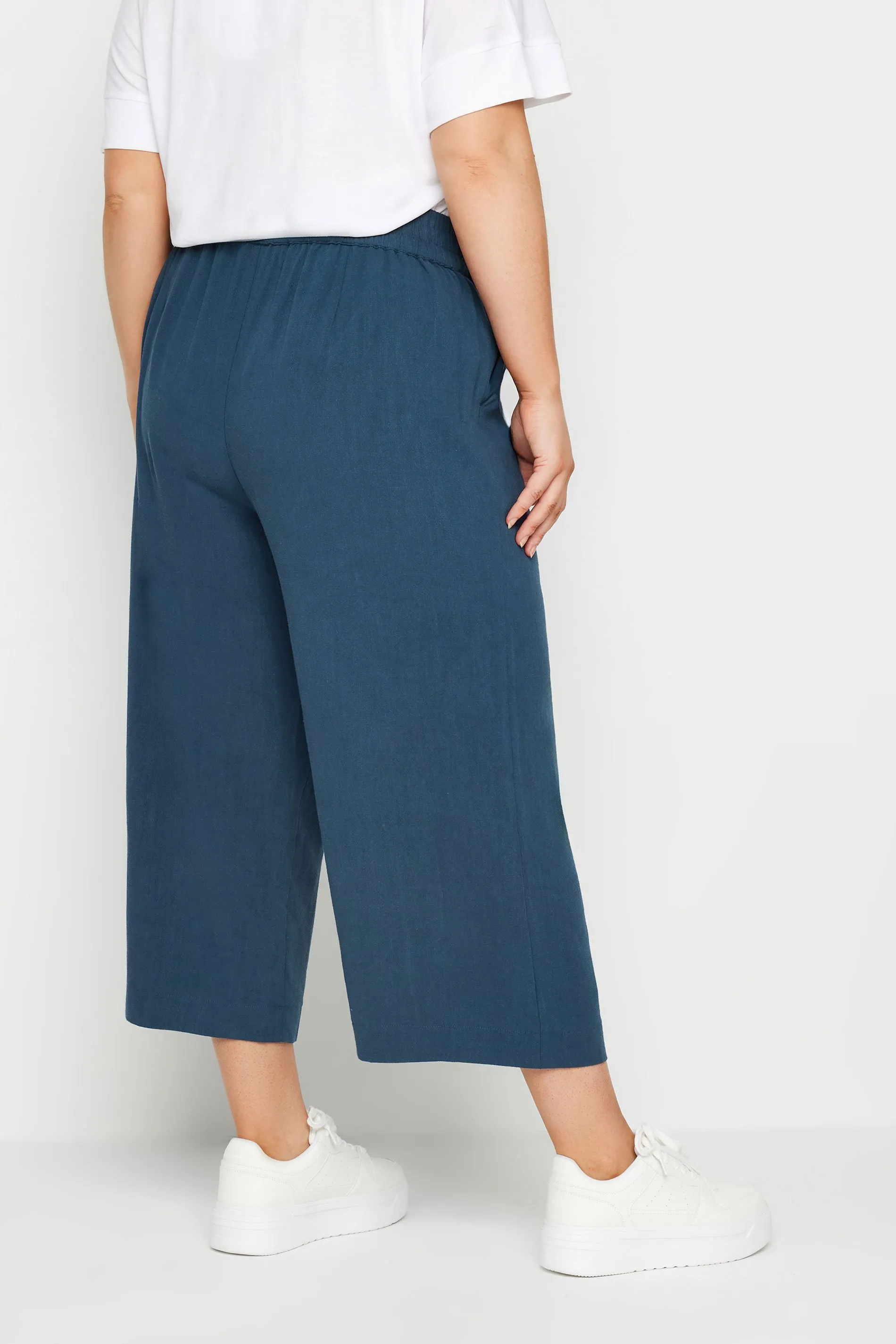 YOURS Curve Navy Blue Wide Leg Cropped Linen Trousers