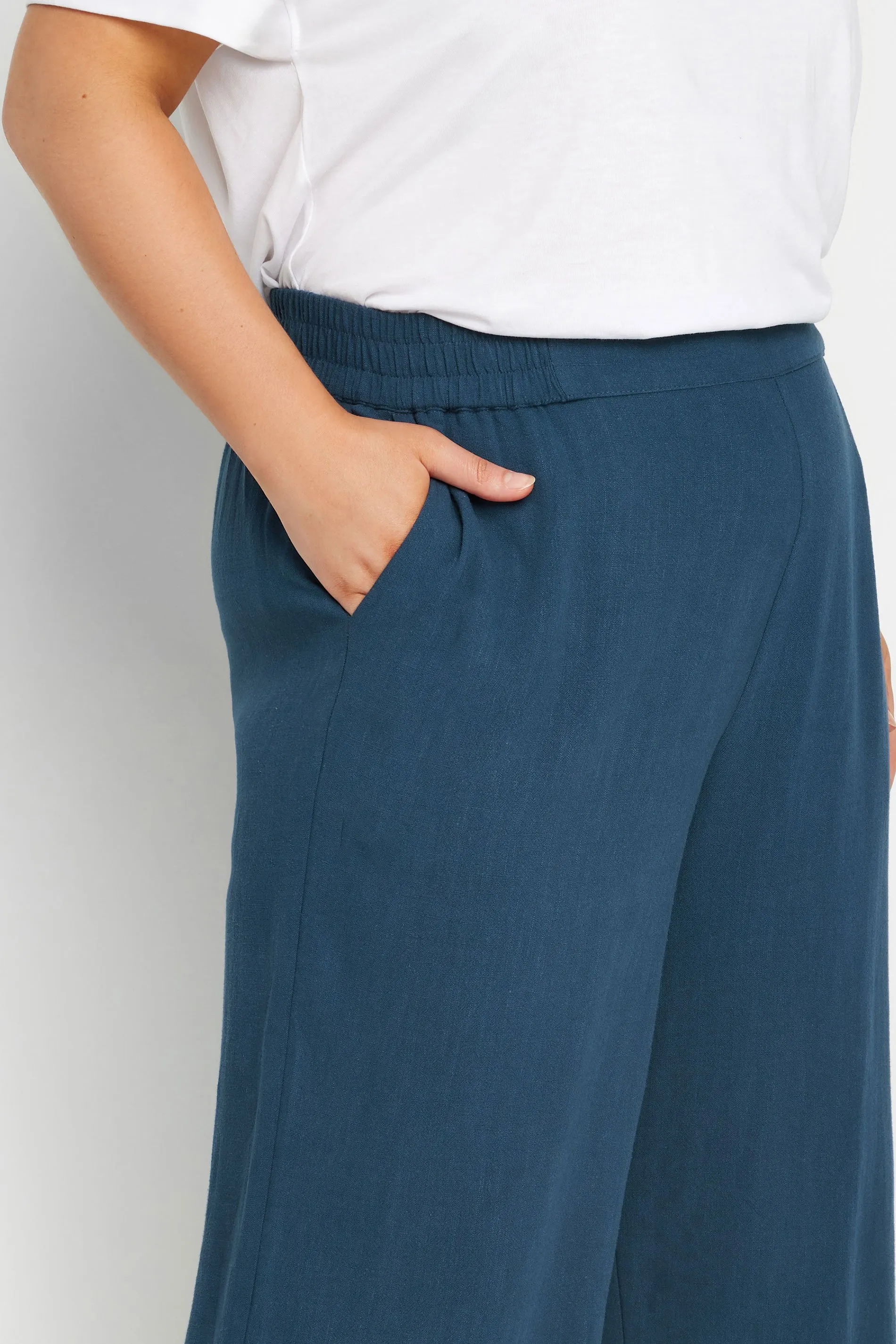 YOURS Curve Navy Blue Wide Leg Cropped Linen Trousers